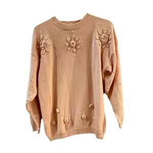 Vintage Ashleigh Morgan Sweater Sz 18W Peach Crochet FlowerPearl Accents Preppy